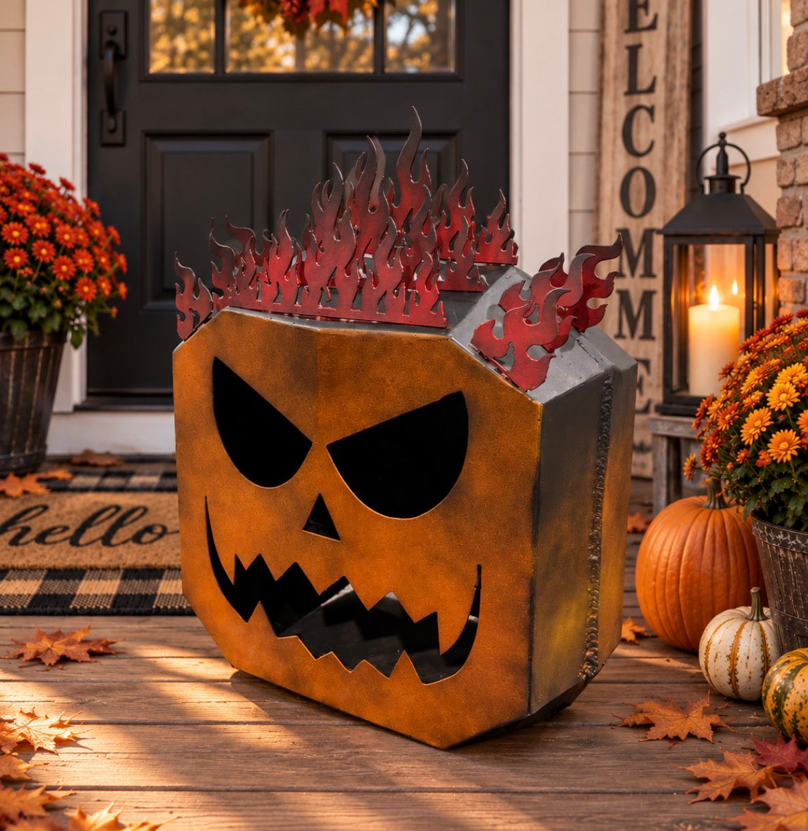 Flaming Pumpkin Metal Sculpture