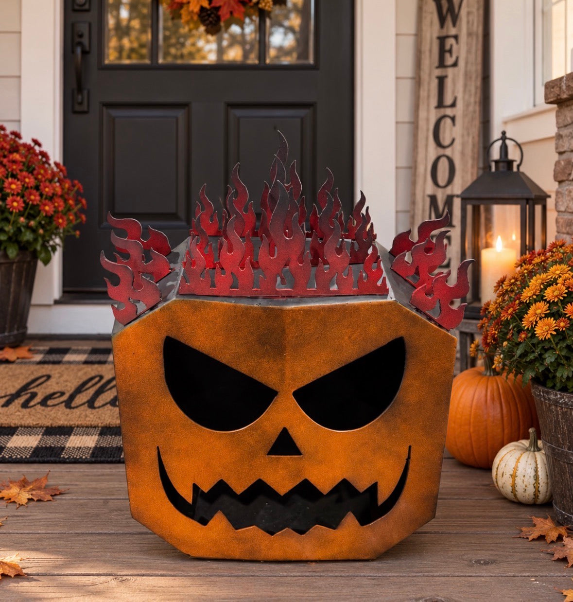 Flaming Pumpkin Metal Sculpture