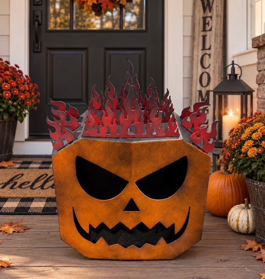 Flaming Pumpkin Metal Sculpture