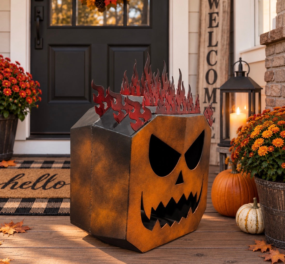 Flaming Pumpkin Metal Sculpture